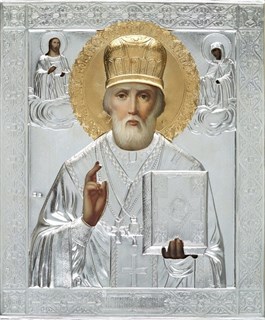 Икона живописная в ризе 24х30 объемная золочение Николай Чудотворец 237356