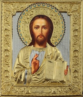 Икона живописная в ризе 24х30 объемная эмаль золочение Спаситель 237348