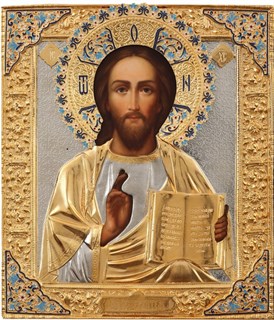 Икона живописная в ризе 24х30 объемная эмаль золочение Спаситель 237343