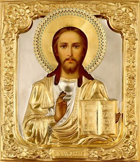 Икона живописная в ризе 24х30 объемная эмаль золочение Спаситель 237339