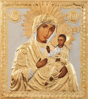 Икона живописная в ризе 24х30 объемная золочение Иверская Божья Матерь 237329