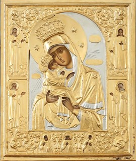 Икона живописная в ризе 22х26 объемная золочение Почаевская Божья Матерь 237327