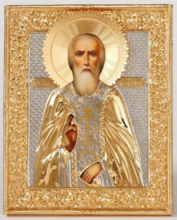 Икона Сергий Радонежский живописная в ризе 18х24 объемная золочение 237314