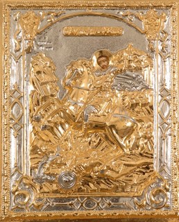 Икона живописная в ризе 18х24 объемная золочение Дмитрий Солунский 237290