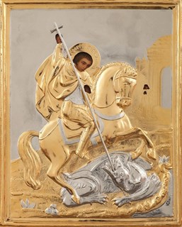 Икона Георгий Победоносец живописная в ризе 18х24 объемная золочение 237284