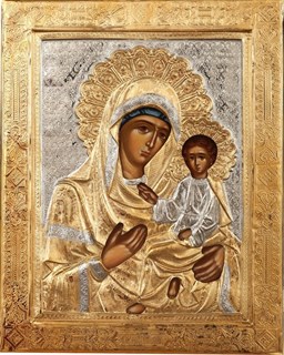 Икона Тихвинской Божьей Матери живописная в ризе 18х24 объемная золочение 237281