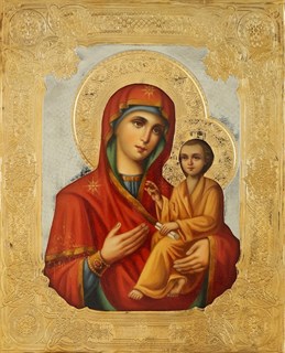 Икона живописная в ризе 18х24 объемная золочение Тихвинская Божья Матерь 237278
