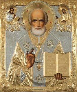 Икона живописная в ризе 100х120 объемная золочение эмаль камни Николай Чудотворец 237263