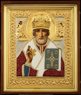 Икона живописная в киоте 40х50 жемчуг Николай Чудотворец 237185