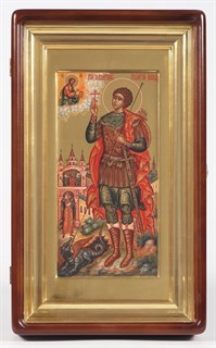 Икона Георгий Победоносец живописная в киоте 18х36 золоченый фон золоченый подрамник 236988