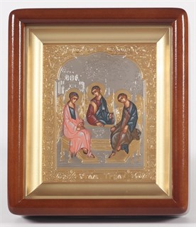 Икона живописная в киоте 11х13 латунь золочение Троица 236920