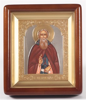 Икона Сергий Радонежский живописная в киоте 11х13 латунь золочение 236918