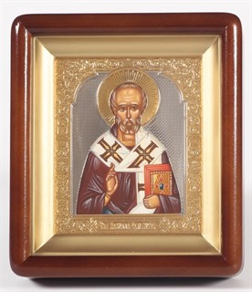 Икона живописная в киоте 11х13 латунь золочение Николай Чудотворец 236915