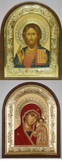Икона в ризе 18х24 арочная планшет рамка венчик золочёные Спаситель - Казанская Божья Матерь 236876