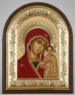 Икона в ризе 18х24 арочная планшет рамка венчик золочёные Казанская Божья Матерь 236871