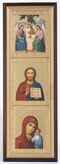 Икона в киоте 20х70 золочёная Троица Спаситель Казанская Божья Матерь 236351