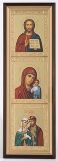 Икона в киоте 20х70 золочёная Спаситель Казанская Петр и Феврония 236350