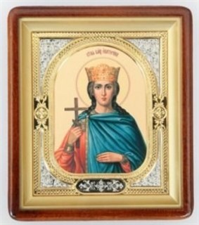 Икона Свяой Екатерины в киоте 18х24 фигурный фото риза-рамка золочёная 236321