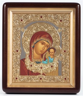 Икона в киоте 18х24 фигурный объёмная зол. никелир. с цатой Казанская Божья Матерь 236239