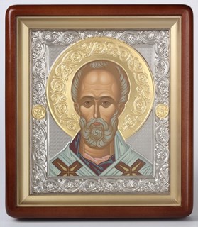 Икона в киоте 18х24 фигурный никель золочёный венчик Николай Чудотворец 236223