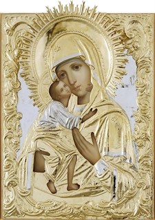 Икона живописная в ризе 50х60 объемная золочение Феодоровская Божья Матерь 237493