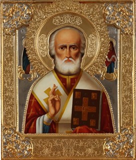 Икона живописная в ризе 24х30 объемная золочение Николай Чудотворец 237393