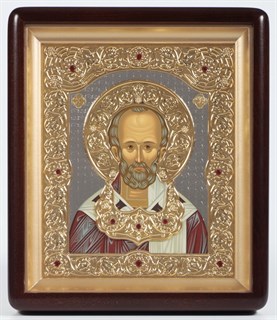 Икона в киоте 18х24 фигурный объёмная зол. никелир. с цатой Николай Чудотворец 236240
