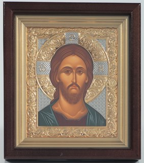 Икона в киоте 12х14 никель золочение Спаситель 235849