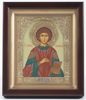 Икона в киоте 15х19 венчик рамка фигурная золочёная Пантелеимон 235893