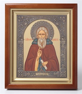 Икона Сергий Радонежский (золотой фон) в киоте 15х19 венчик рамка фигурная патинированая 235904