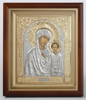 Икона в киоте 15х19 объёмная никель золочение Казанская Божья Матерь 235907