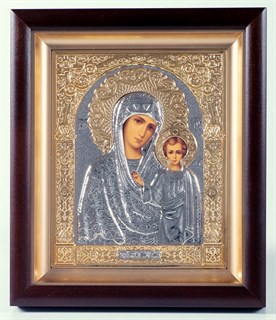 Икона в киоте 15х19 объёмная никель золочение Казанская Божья Матерь 235908