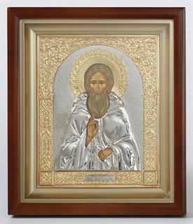 Икона Сергий Радонежский в киоте 15х19 объёмная никель золочение 235913