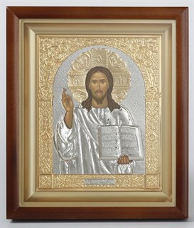 Икона в киоте 15х19 объёмная никель золочение Спаситель 235914