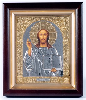 Икона в киоте 15х19 объёмная никель золочение Спаситель 235915