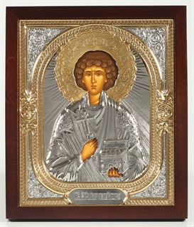 Икона в киоте 18х24 фигурный без подрамника никель золочен Пантелеимон 236015