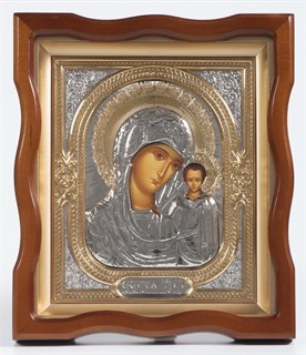 Икона в киоте 18х24 фигурный объёмная никель золочение Казанская Божья Матерь 236029