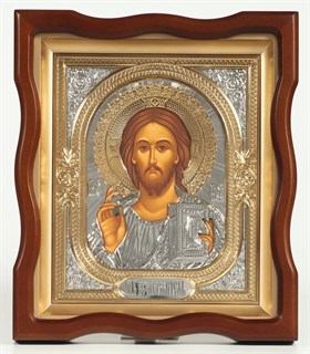 Икона в киоте 18х24 фигурный объёмная никель золочение Спаситель 236033