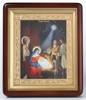Икона Рождество Христово в киоте 18х24 фигурный рамка золочёная 236052