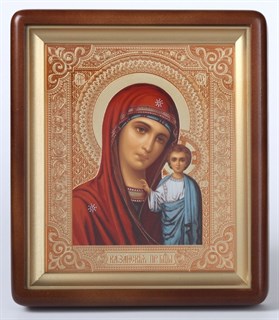 Икона в киоте 18х24 фигурный темпера Казанская Божья Матерь (красный фон) 236092