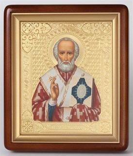 Икона Николая Чудотворца в киоте 18х24 фигурный темпера (желтый фон) 236094