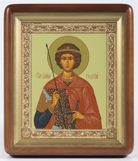 Икона Георгий Победоносец в киоте 18х24 фигурный рамка золочёная 236168