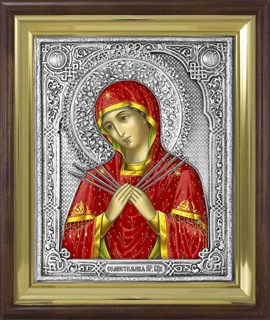 Икона Семистрельная Божья Матерь серебряная риза в деревянном киоте 253347