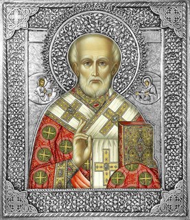 Икона Святой Николай Чудотворец Мирликийский серебряная риза на дереве 253392