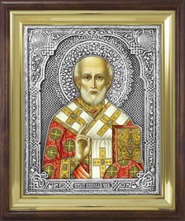 Икона Святой Николай Чудотворец Мирликийский серебряная риза нв деревянном киоте 253390