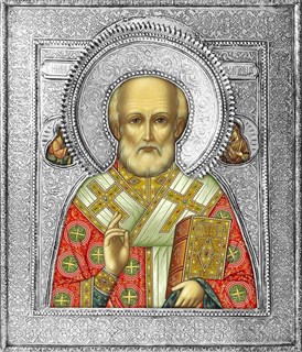 Икона Святой Николай Чудотворец Мирликийский серебряная риза на дереве 253387