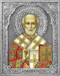 Икона Святой Николай Чудотворец Мирликийский серебряная на дереве 253386