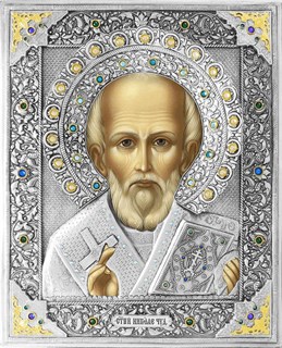 Икона Святой Николай Чудотворец Мирликийский серебряная риза на дереве 253383