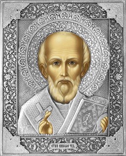 Икона Святой Николай Чудотворец Мирликийский серебряная риза на дереве 253381
