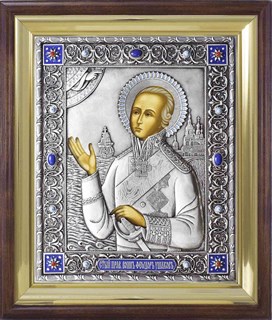 Икона Святой Феодор Ушаков серебряная риза в деревянном киоте 253184